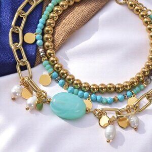 🆕️Stunning 18K Gold Plated Summer Bracelet Set: Jade & Freshwater Pearls 🌟